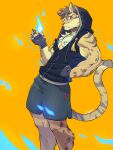  2019 3:4 5_fingers anthro black_clothing blue_fire bottomwear clothing clouded_leopard colored_fire deity felid fingerless_gloves fingers fire gloves hand_in_pocket handwear hi_res hoodie likulau male mammal muscular muscular_anthro muscular_male nekojishi pantherine pockets shorts simple_background solo studio_klondike tiggon_the_great topwear video_games visual_novel yellow_background 