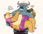  anthro bearafterall belly benjamin_clawhauser blush carrying_partner cheetah chief_bogo disney duo embarrassed english_text felid feline flirting fur hi_res horn male male/male mammal midriff overweight secretly_likes_it secretly_loves_it spots spotted_body spotted_fur text zootopia 