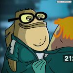  1:1 2021 anthro bass_(fish) black_eyes blonde_hair blurred_background brown_body brown_scales bubble_bass clothing cosplay crossover crossover_cosplay dewlap_(anatomy) double_chin duo eye_contact eyewear female fin fish glasses green_body green_scales hair half-closed_eyes han_mi-nyeo jang_deok-su jumpsuit lips looking_at_another looking_down male marine mrs._puff multicolored_body multicolored_scales narrowed_eyes nathanmadeit nickelodeon overweight overweight_anthro overweight_female overweight_male parody pufferfish scales shirt signature smile smirk spongebob_squarepants squid_game stubble tetraodontiform thick_lips topwear two_tone_body two_tone_scales undershirt white_body white_scales 