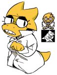  alphys annoyed anthro breasts clothed clothing coat eyewear female front_view fully_clothed gesture glasses half-length_portrait lab_coat lizard looking_at_viewer lunskie medium_breasts narrowed_eyes non-mammal_breasts pointing portrait reptile scales scalie sharp_teeth solo teeth thick_tail three-quarter_view topwear undertale undertale_(series) video_games yellow_body yellow_scales 