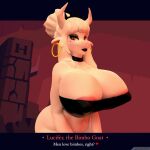  1:1 3d_(artwork) anthro areola beauty_mark big_breasts bimbofication black_lipstick bovid breasts caprine carbiid3 choker clothed clothing curvy_figure digital_media_(artwork) ear_piercing ear_ring english_text eyelashes eyeshadow female fur goat goat_lucifer_(helltaker) goth hair helltaker hi_res horn huge_breasts jewelry lips lipstick looking_at_viewer makeup mammal midriff navel necklace nipples piercing red_eyes sculpture smile solo text thick_thighs topwear voluptuous white_body white_fur white_hair wide_hips 