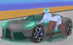  absurd_res anthro balls beach breasts bugatti car clothing foreskin genitals glowing gynomorph hi_res high_heels intersex leaning legwear miomorus penis seaside smile solo stockings unknown_species vehicle 