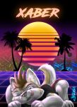  2021 anthro badge canid canine grid ironraptor licking licking_lips male mammal palm_tree plant retro solo sun sunset synthwave tongue tongue_out tree 