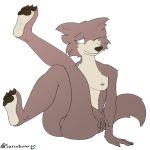  1:1 beastars breasts butt female fur genitals hi_res juno_(beastars) one_eye_closed pawpads paws presenting presenting_pussy pussy raised_leg sarcobutter smile solo watermark wink 