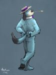  2021 anthro biped black_nose black_pawpads blue_body blue_fur bow_tie butt canid canine canis clothing crossed_feet dipstick_tail domestic_dog elbow_tuft fist fur grey_background hands_behind_back hanna-barbera hat headgear headwear hi_res hindpaw huckleberry_hound k-9 looking_back male mammal markings mostly_nude pawpads paws plantigrade pose purple_bowtie rear_view signature simple_background smile solo standing straw_in_mouth tail_markings the_huckleberry_hound_show 