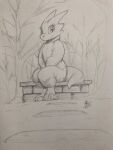  2021 3:4 anthro barefoot bench clothed clothing detailed_background feet hi_res kobold looking_at_viewer louart low-angle_view outside plant signature sitting smile solo traditional_media_(artwork) tree 