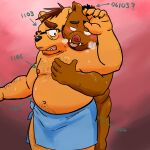  1:1 2021 anthro blush brown_body ch_ia_ki cute_fangs duo embrace eyewear glasses hi_res hug hugging_from_behind humanoid_hands kemono male male/male mammal mature_male moobs nipples overweight overweight_male suid suina sus_(pig) towel ursid wild_boar 