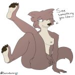  1:1 anthro beastars breasts butt canid canine canis female genitals hi_res juno_(beastars) mammal one_eye_closed presenting presenting_pussy pussy raised_leg sarcobutter smile solo text wink wolf 