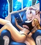  5_fingers anthro book breasts clothed clothing ear_piercing ear_ring eyebrows eyelashes female fingers fish hair hi_res holding_book holding_object marine non-mammal_breasts piercing red_eyes shark skye_rackham solo tattoo under_boob white_hair xaenyth 