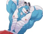 2021 anthro armpit_hair arms_above_head barazoku beard big_muscles black_nose black_pawpads blue_body blue_fur blue_hair body_hair bottomwear canid canine canis chest_hair claws clothed clothing eyebrows facial_hair fur hair hands_behind_head happy_trail hi_res humanoid_hands imato looking_at_viewer lying male mammal multicolored_body multicolored_fur muscular muscular_anthro muscular_male nipples on_back pawpads pillow pink_nipples pubes shorts simple_background solo thick_eyebrows topless two_tone_body two_tone_fur white_background white_body white_claws white_fur wolf yellow_eyes 