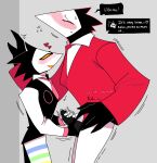  &lt;3 avian black_body blush clothed clothing darkner deltarune duo eyewear genitals glasses handjob hi_res littlegeecko looking_at_another male male/male mask necktie penile penis red_eyes sex simple_background swatch_(deltarune) swatchling_(deltarune) text undertale_(series) video_games 