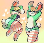  &lt;3 animal_crossing anthro blonde_hair butt clothing elikapika front_view fur gradient_background green_body green_fur hair hands_behind_back hi_res lagomorph legwear leporid male mammal multiple_poses nintendo open_mouth open_smile panties pattern_clothing pattern_legwear pose rabbit rear_view sasha_(animal_crossing) simple_background slightly_chubby smile solo striped_clothing striped_legwear stripes underwear video_games wide_hips 