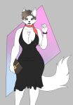  anthro arctic_fox blue_eyes breasts brown_hair canid canine canis chest_tuft clothed clothing dress female fox fur hair handbag hi_res holding_object looking_at_viewer mammal nashla(photolol.03) photolol.03 portrait ribbons simple_background smile solo standing three-quarter_portrait trash tuft white_body white_fur 