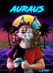  anthro badge canid canine clothed clothing hair ironraptor looking_at_viewer mammal retro solo vaporwave 