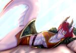  2021 absurd_res belt black_sclera bottomwear breasts cardigan clothing dragon female hair hand_on_head hi_res horn lizzard_ych looking_at_viewer mane midriff_top miniskirt pink_body pink_skin pupils raised_tail reclining reclining_on_bed red_hair red_mane scales skirt slit_pupils solo under_boob white_body white_scales wingless_dragon wryn_bilyong yellow_eyes 