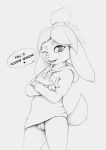  &lt;3 2021 animal_crossing anthro bottomless canid canine canis claws clitoris clothed clothing crossed_arms dialogue digital_media_(artwork) domestic_dog doom_(series) english_text female finger_claws fur genitals hi_res hoodie id_software isabelle_(animal_crossing) mammal monochrome nintendo one_eye_closed open_mouth open_smile portrait pussy s1m shih_tzu simple_background sketch smile solo speech_bubble text three-quarter_portrait topwear toy_dog video_games white_background wink 