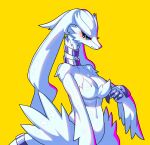  anthro anthrofied blue_eyes blue_sclera breasts collarbone drunk_oak female fur hi_res legendary_pok&eacute;mon looking_at_viewer navel nintendo pok&eacute;mon pok&eacute;mon_(species) pok&eacute;morph reshiram simple_background solo video_games wavy_mouth white_body white_fur 