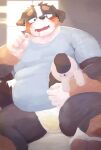  2021 anthro belly bernese_mountain_dog black_body bodily_fluids brown_body canid canine canis chocobibear clothing diaper domestic_dog genital_fluids humanoid_hands kemono male mammal molosser mountain_dog overweight overweight_male shirt sitting solo swiss_mountain_dog tears topwear urine wearing_diaper wet_diaper wetting white_body 