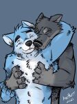  2021 anthro biped black_nose blue_body blue_fur canid canine canis cheek_tuft chest_tuft claws cuddling cute_fangs duo elbow_tuft embrace eyebrows eyes_closed facial_tuft fluffy front_view fur grey_background grey_body grey_fur hand_holding handpaw happy head_grab head_tuft hi_res hug k-9 male male/male mammal multicolored_body multicolored_fur nude nuzzling paws scritches signature simple_background smile standing teeth tuft two_tone_body two_tone_fur white_body white_fur wolf 