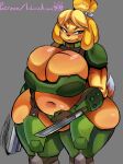  absurd_res animal_crossing anthro armor belly big_breasts biped blue_eyes breasts cleavage clothed clothing curvy_figure digital_media_(artwork) doom_(series) female garter_belt garter_straps grey_background hi_res huge_breasts huge_hips huge_thighs id_software isabelle_(animal_crossing) isolatedartest legwear navel nintendo no_pupils overweight overweight_female partially_clothed simple_background slightly_chubby solo stockings thick_ass thick_hips thick_thighs video_games voluptuous wide_hips 