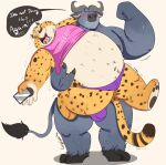  anthro belly benjamin_clawhauser blush bovid bovine bulge cape_buffalo carrying_partner cellphone cheetah chief_bogo clothing disney duo felid feline fur grizzlyear34 hi_res male male/male mammal midriff muscular muscular_anthro muscular_male overweight phone smartphone speedo spots spotted_body spotted_fur swimwear zootopia 