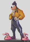  anthro black_eyes black_nose bottomwear canid canine canis clothed clothing disney domestic_dog freckles gloves goofy_(disney) hand_on_hip handwear hi_res male mammal pants pondering saucysundae simple_background slippers solo standing sweater thinking topwear white_background 