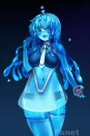  absurd_res blue_body blue_eyes blue_hair clothed clothing fanet female goo_creature goo_humanoid hair hi_res human humanoid looking_at_viewer mammal open_mouth simple_background smile solo 