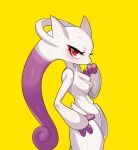  2021 3_fingers anthro breasts drunk_oak featureless_breasts female fingerless_(marking) fingers hand_on_hip hi_res legendary_pok&eacute;mon looking_at_viewer mega_evolution mega_mewtwo mega_mewtwo_y nintendo nude pok&eacute;mon pok&eacute;mon_(species) pose purple_body purple_fingers red_eyes simple_background solo video_games yellow_background 