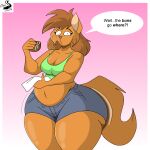  1:1 absurd_res anthro breasts cjshadorunner cleavage clothed clothing dialogue domestic_cat felid feline felis female food hi_res mammal neve_vecat solo thick_thighs 