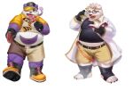  2021 aipangpangdeyua alp_(tas) anthro belly book bottomwear candy canid canine canis clothing dessert domestic_dog duo eyewear food fur giant_panda glasses hi_res humanoid_hands kemono lifewonders male mammal navel overweight overweight_male police police_hat purple_body purple_fur shirt shorts simple_background tokyo_afterschool_summoners topwear ursid video_games white_background white_body white_fur 