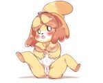  5:4 animal_crossing anthro anus big_breasts blush bodily_fluids breasts canid canine canis domestic_dog female fushiana_ai genital_fluids genitals isabelle_(animal_crossing) looking_at_viewer mammal nintendo nude open_mouth pussy pussy_juice simple_background sitting solo spread_legs spreading video_games white_background 