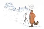  2021 anthro bottomwear brown_body brown_fur camera clothing detailed_background eyewear facial_hair fur glasses hat headgear headwear hi_res male mammal marty_raccoon mature_male mustache outside pants procyonid raccoon scarf slightly_chubby snow solo sweater topwear vonzent 