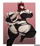  2018 absurd_res anthro artist_name big_breasts big_butt black_hair breast_squish breasts brown_body brown_fur butt canid canine canis cleavage cleavage_overflow clothed clothing curvy_figure digital_media_(artwork) domestic_dog eyelashes facial_piercing feet female fingerless_gloves fingers fur gloves grey_body grey_fur hair handwear hi_res hourglass_figure huge_breasts huge_butt looking_at_viewer looking_back mammal mixi_elkhound multicolored_body multicolored_fur multicolored_hair nose_piercing nose_ring piercing rear_view red_eyes red_hair short_hair simple_background smile solo squish superix thick_thighs toes two_tone_body two_tone_fur two_tone_hair voluptuous wide_hips 
