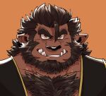  2020 beard bearwivme black_nose body_hair brown_body brown_fur brown_hair bugbear chest_hair clothing eyebrows facial_hair fur gaur_(gaurbeast) grin hair humanoid humanoid_pointy_ears looking_at_viewer male simple_background smile solo thick_eyebrows topwear tusks vest yellow_eyes 