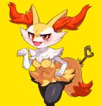  2021 3_fingers anthro arm_tuft black_body black_fur blush braixen breasts claws drunk_oak elbow_tuft featureless_breasts female finger_claws fingers fur fur_tuft hi_res inner_ear_fluff looking_at_viewer male_(lore) medium_breasts nintendo nude pink_tongue pok&eacute;mon pok&eacute;mon_(species) red_body red_fur red_inner_ear_fluff red_tail simple_background solo tongue tuft video_games white_body white_fur yellow_background yellow_body yellow_ears yellow_fur yellow_inner_ear yellow_tail 