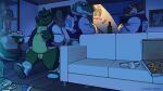  16:9 2021 anthro clothing crocodile crocodilian crocodylid detailed_background eyes_closed food furniture green_body group hi_res humanoid_hands inside male overweight overweight_male pizza pizza_box reptile scalie shirt sinibun_95 slit sofa tino topwear underwear widescreen 