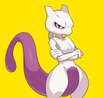  2021 anthro crossed_arms drunk_oak fingers hi_res iris legendary_pok&eacute;mon mewtwo nintendo nude pok&eacute;mon pok&eacute;mon_(species) pupils purple_eyes purple_pupils purple_tail simple_background solo video_games yellow_background 