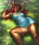  2021 anthro breasts camel_toe clothed clothing collar digital_media_(artwork) dress eyes_closed female flower grass hair levelviolet light long_hair lying mammal on_back opal_(jellydoeopal) plant red_hair solo sun_bear sunlight text tree url ursid ursine 