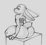  2021 4_fingers absurd_res anthro big_butt butt clothing disney ears_down female fingers half-closed_eyes hi_res huge_butt judy_hopps lagomorph leporid looking_at_viewer looking_back mammal monochrome narrowed_eyes pivoted_ears rabbit reddrago simple_background sitting solo thick_thighs topwear zootopia 
