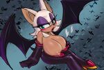  4322chan anthro big_breasts blue_eyes breasts chiropteran clothing_grab female flying fur hi_res looking_at_viewer makeup mammal nipples open_mouth rouge_the_bat sega solo sonic_the_hedgehog_(series) spread_wings tan_body white_body white_fur wings 
