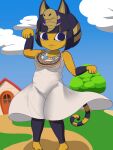  3:4 animal_crossing ankha_(animal_crossing) anthro building clothing cloud domestic_cat dress egyptian_clothing fangs felid feline felis female frown hi_res house jewelry looking_at_viewer mammal nintendo plant solo sundress tree video_games watobe 