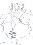  2021 absurd_res anthro balls blush bodily_fluids censored cum ejaculation erection eyes_closed eyewear genital_fluids genitals glasses hi_res humanoid_genitalia humanoid_hands humanoid_penis kemono lifewonders male mammal overweight overweight_male penis scribble_censorship sitting solo tokyo_afterschool_summoners ursid video_games volos zuboboz 