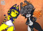  animal_crossing ankha_(animal_crossing) anthro blade_of_fury breasts camel_toe clothing crossed_arms domestic_cat duo featureless_breasts featureless_crotch felid feline felis female genital_outline grin hand_on_hip hieroglyphics humanoid humanoid_pointy_ears imp looking_at_viewer low-angle_view mammal midna nintendo panties pussy_outline sharp_teeth smile teeth the_legend_of_zelda twili twilight_princess underwear video_games 