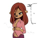  1:1 anthro black_eyes black_nose blouse bottomwear breasts brown_hair canid canine canis cleavage clothed clothing colored disney domestic_dog ducktales ducktales_(2017) edit eyelashes fauxanne female hair hi_res long_hair looking_at_viewer mammal plagueofgripes simple_background sketch skirt solo standing topwear undressing white_background 