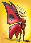  abstract_background antennae_(anatomy) anthro arthropod best_fiends blue_eyes breasts butterfly claws fangs featureless_breasts female genitals hi_res insect insect_wings jojo_(best_fiends) lepidopteran looking_at_viewer maulnarch_blooderfly non-mammal_breasts pussy solo video_games wings 