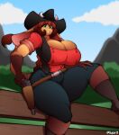  2018 absurd_res anthro artist_name big_breasts boots bottomwear bovid bovine breast_squish breasts cattle cleavage cleavage_overflow clothed clothing cowboy_hat denim denim_clothing detailed_background digital_media_(artwork) eyelashes female fence fingers footwear fur green_eyes gun hair handgun hat headgear headwear hi_res horn huge_breasts jeans las_lindas long_ears long_tail looking_at_viewer mammal mora_linda outside pants ranged_weapon red_hair revolver sitting smile solo squish superix tan_body tan_fur teeth topwear vest weapon webcomic 