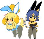  &lt;3 animal_crossing ankha_(animal_crossing) anthro big_breasts blush breasts bunny_costume canid canine canis clothing collar costume domestic_cat domestic_dog duo fake_ears fake_rabbit_ears featureless_feet felid feline felis female frown hi_res isabelle_(animal_crossing) licking licking_lips looking_at_viewer mammal nintendo onibi short_stack simple_background tongue tongue_out video_games white_background 