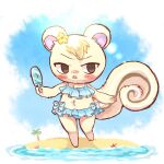 1:1 accessory animal_crossing annoyed anthro beach bikini blush clothed clothing crossdressing flower flower_in_hair food fushiana_ai hair hair_accessory looking_at_viewer male mammal marshal_(animal_crossing) nintendo plant popsicle rodent sciurid seaside solo swimwear video_games 