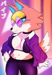  absurd_res animal_crossing anthro audie_(animal_crossing) big_breasts bra breasts canid canine canis choker clothed clothing eyewear female glasses hand_on_hip hi_res jacket japanese_text jewelry looking_at_viewer mammal necklace nintendo onibi open_clothing open_jacket open_topwear smile solo text topwear underwear video_games wolf 