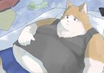  2021 anthro bed blue_eyes brown_body clothing domestic_cat en_1_9 felid feline felis fur furniture hi_res humanoid_hands kemono lying male mammal overweight overweight_male shirt solo topwear underwear white_body white_fur 